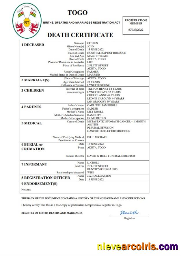 Togo vital record death certificate